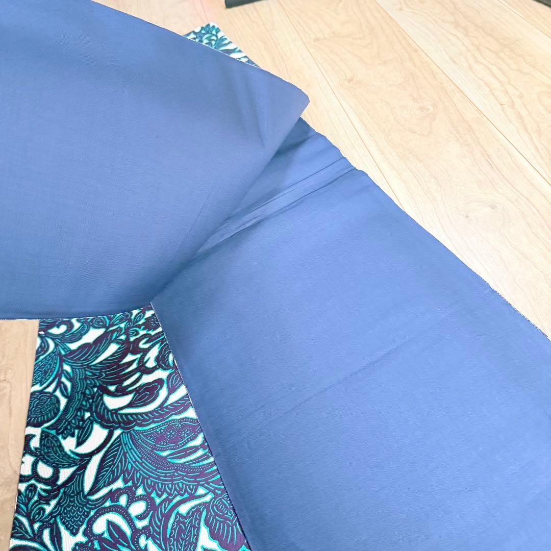 未使用　正絹　現代　全通 袋帯　着物　450しゃれ袋　青　唐草　ボタニカル　緑