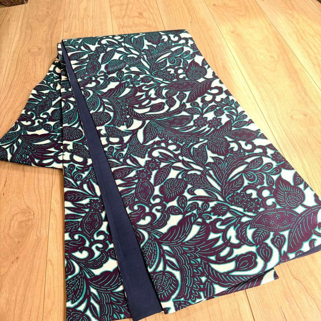 未使用　正絹　現代　全通 袋帯　着物　450しゃれ袋　青　唐草　ボタニカル　緑
