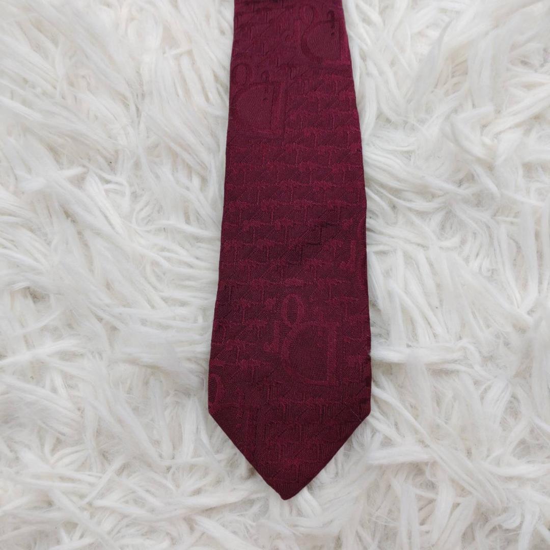 クリスチャンディオール 高級シルクネクタイ 総柄（Diorロゴ） ダークレッド