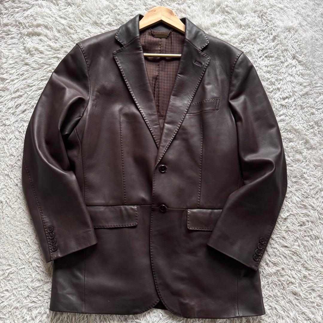 極美品　ダーバン　羊革　ラムレザー　テーラードジャケット　裏地千鳥　ブラウン　L