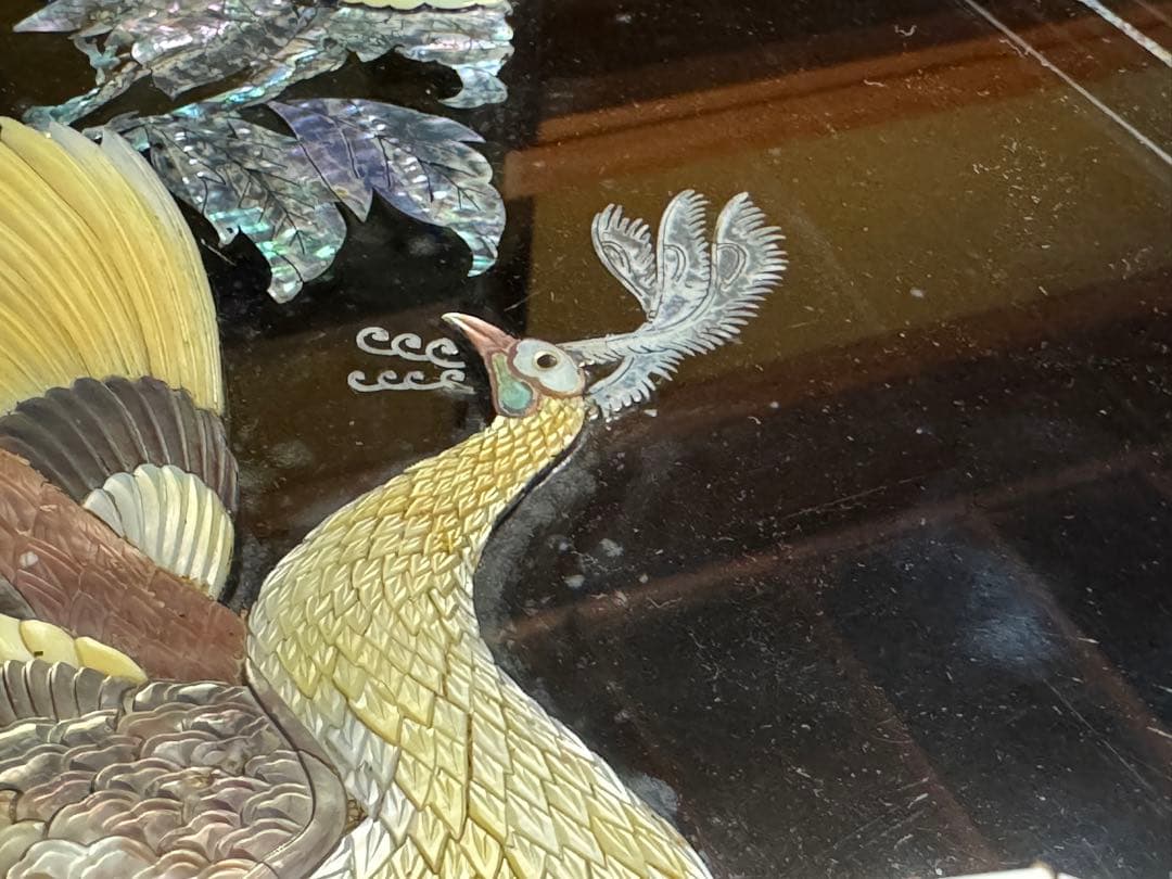 螺鈿細工　ローテーブル　伝統工芸　黒漆塗り　硝子板付き