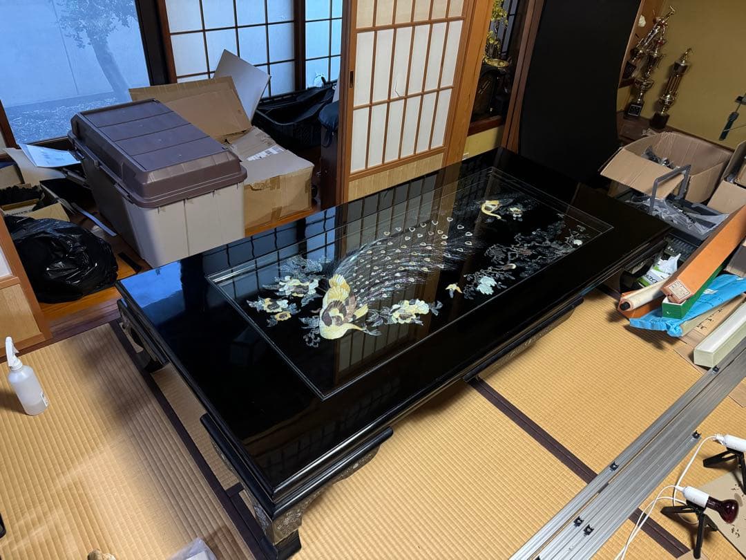 螺鈿細工　ローテーブル　伝統工芸　黒漆塗り　硝子板付き
