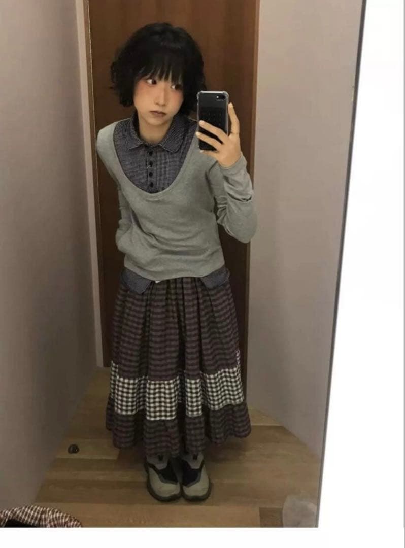 COYSEIO パッチワークチェック柄ポロシャツ風レイヤードシャツ