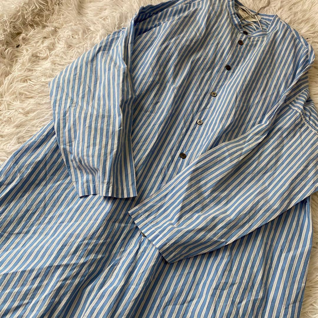 Veritecoeur ストライプ バンドカラー シャツブラウス チュニック