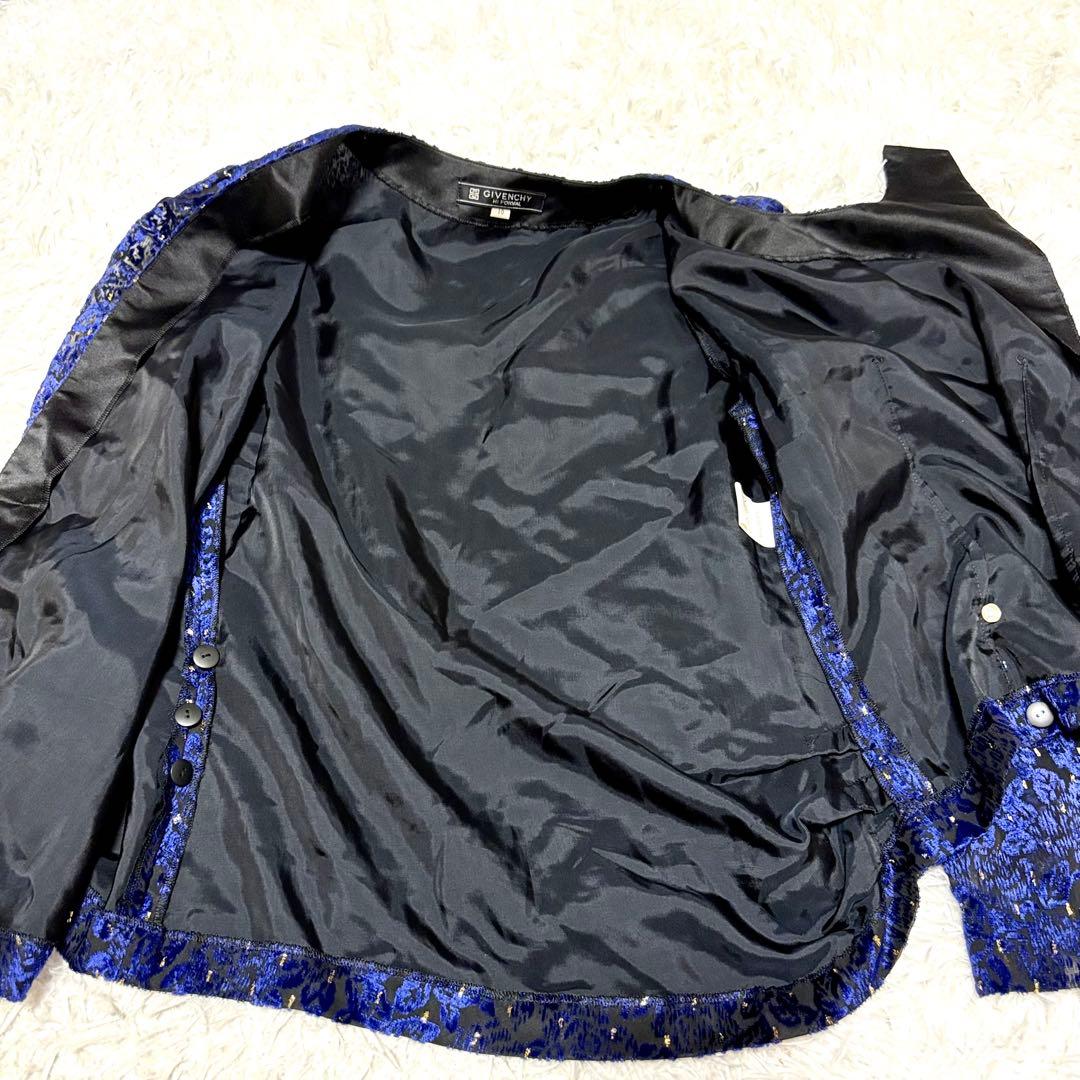 【極美品】ジバンシーフォーマル　長袖ブラウス　ブルー　総柄　ベロア調　L