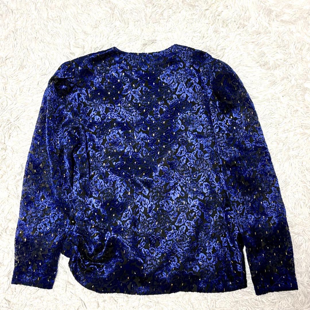 【極美品】ジバンシーフォーマル　長袖ブラウス　ブルー　総柄　ベロア調　L
