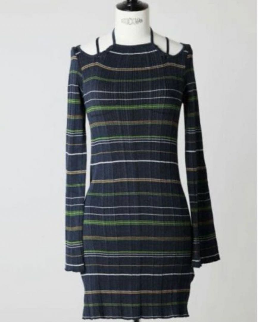 マメクロゴウチRandom Ribbed Plaid Knitted Dress