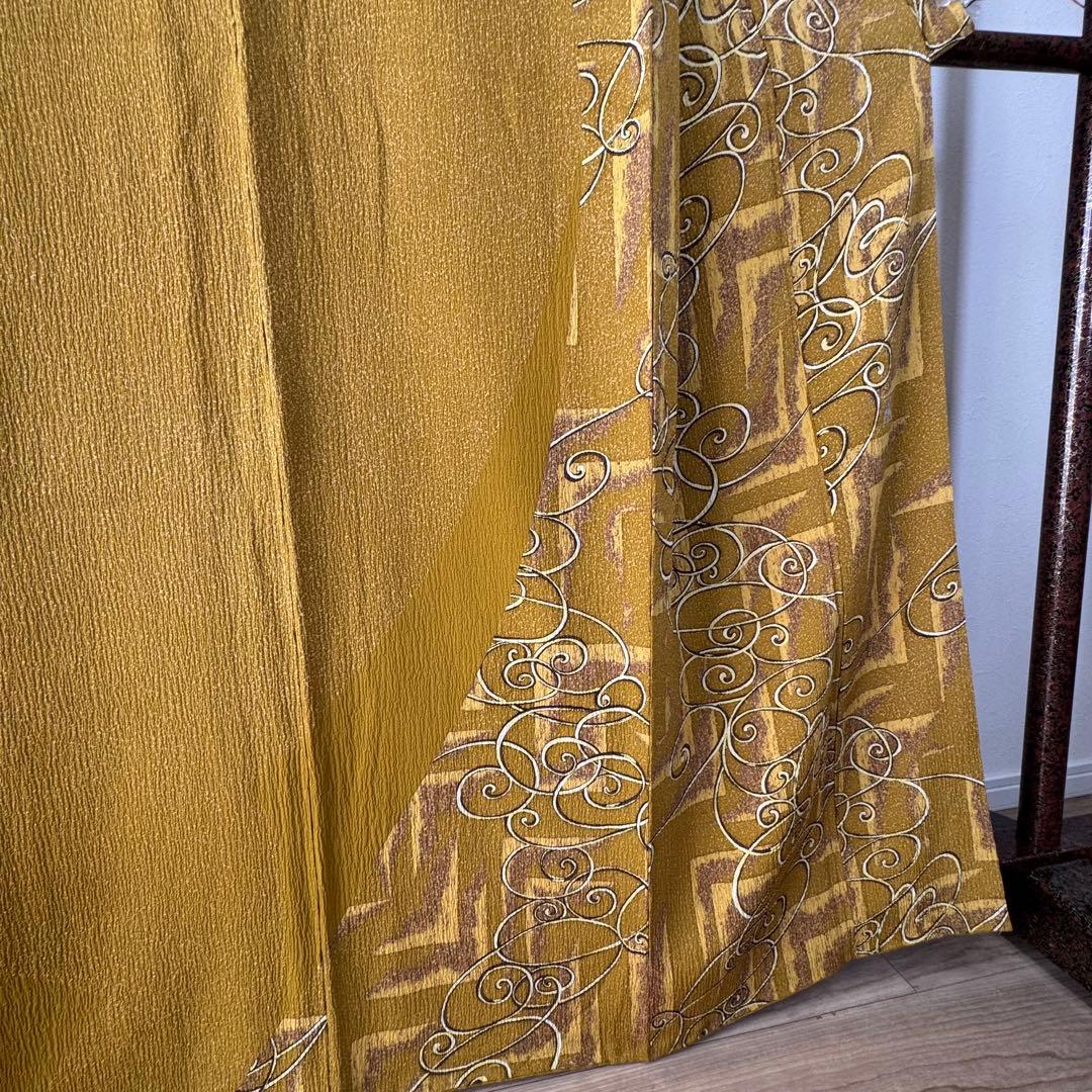 超美品　正絹　袷　広襟　訪問着　着物 168裄67 ふくれ織　からし　黄　トール