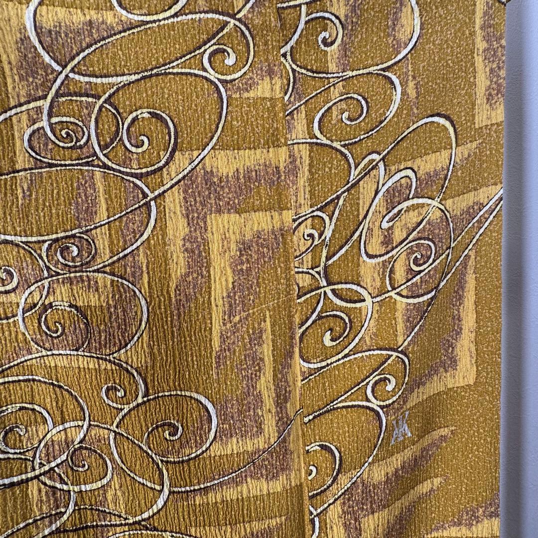 超美品　正絹　袷　広襟　訪問着　着物 168裄67 ふくれ織　からし　黄　トール