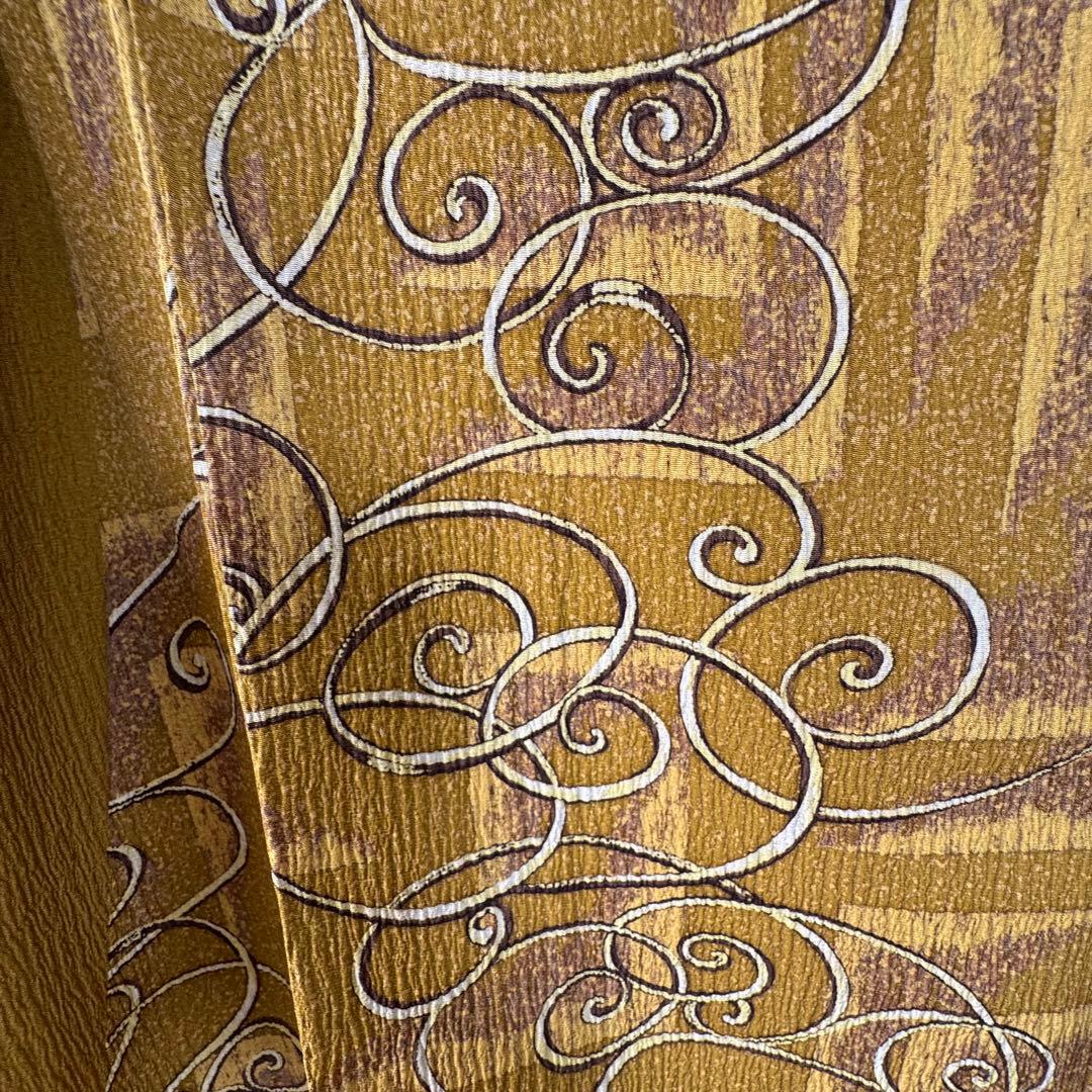 超美品　正絹　袷　広襟　訪問着　着物 168裄67 ふくれ織　からし　黄　トール