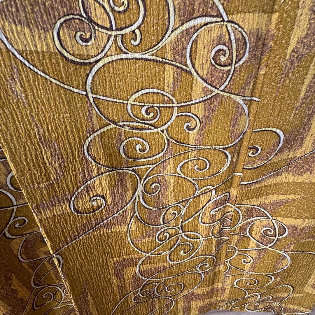 超美品　正絹　袷　広襟　訪問着　着物 168裄67 ふくれ織　からし　黄　トール
