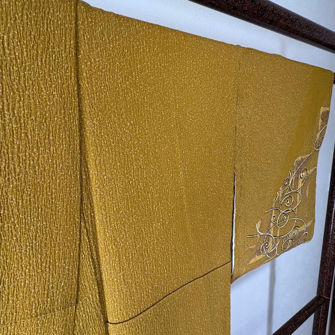 超美品　正絹　袷　広襟　訪問着　着物 168裄67 ふくれ織　からし　黄　トール