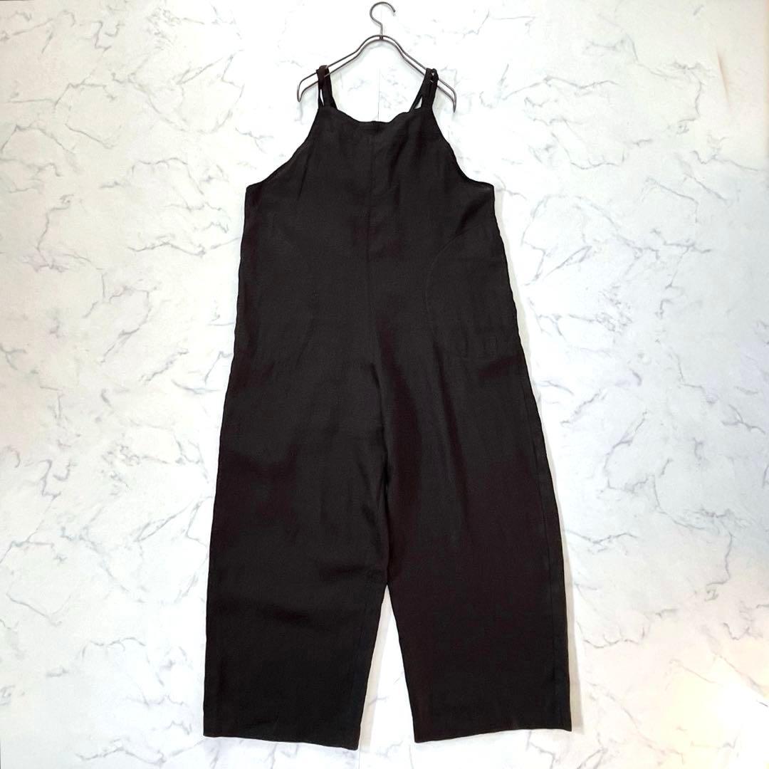 【25ss】かぐれ リネンサロペット【F】黒 後ろリボン 麻100%