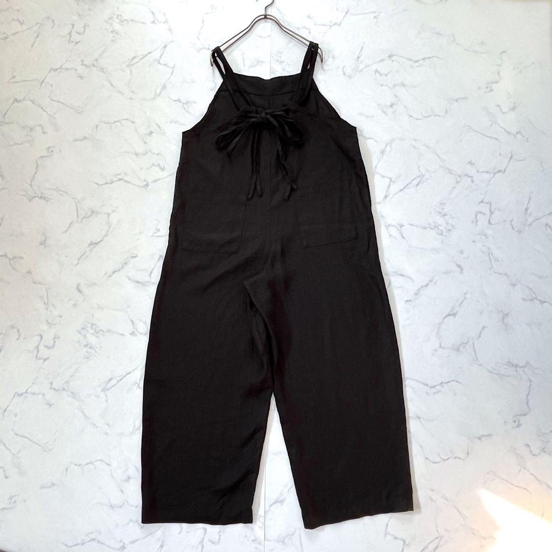 【25ss】かぐれ リネンサロペット【F】黒 後ろリボン 麻100%