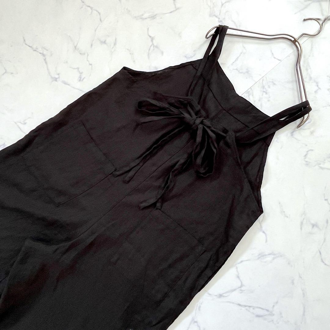 【25ss】かぐれ リネンサロペット【F】黒 後ろリボン 麻100%