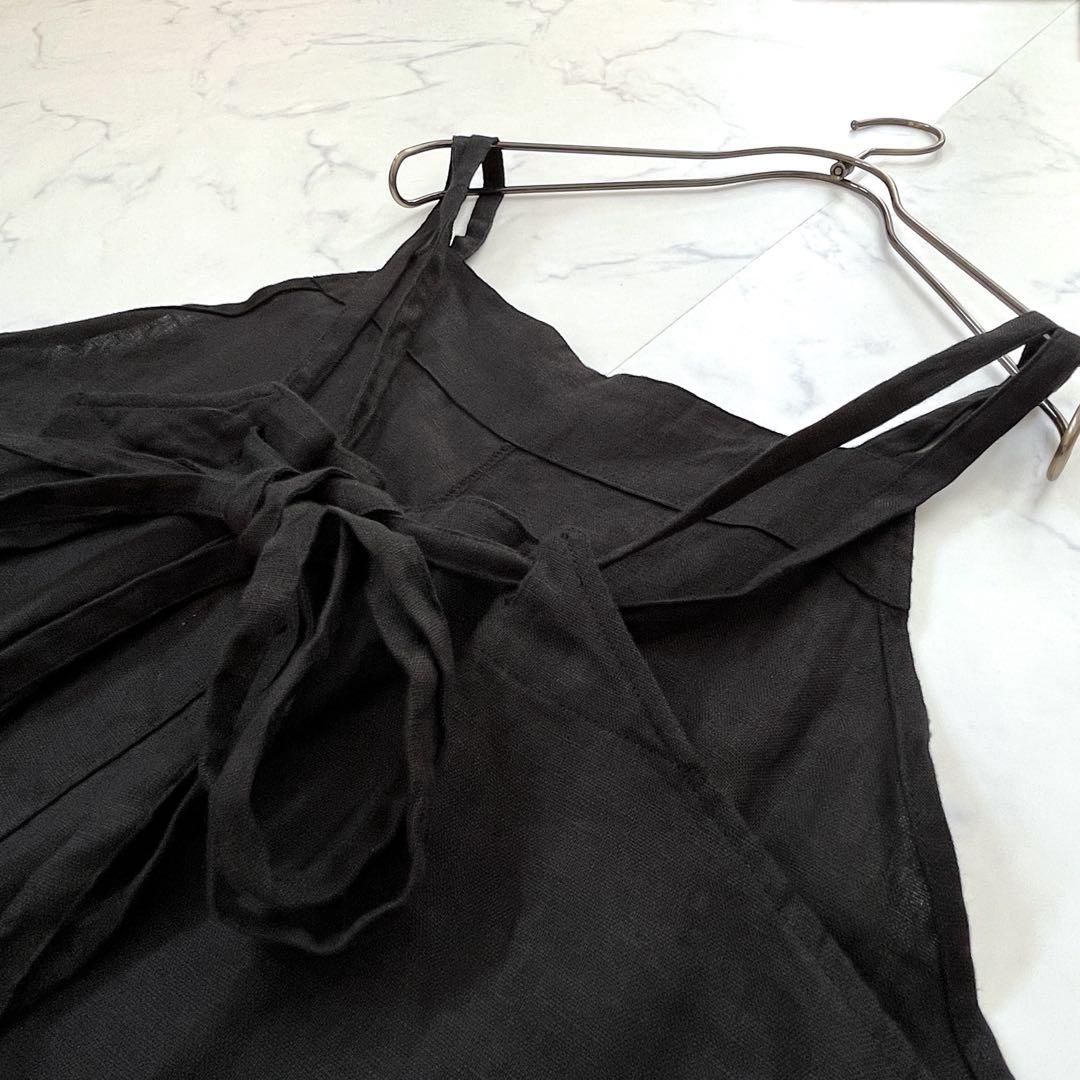 【25ss】かぐれ リネンサロペット【F】黒 後ろリボン 麻100%