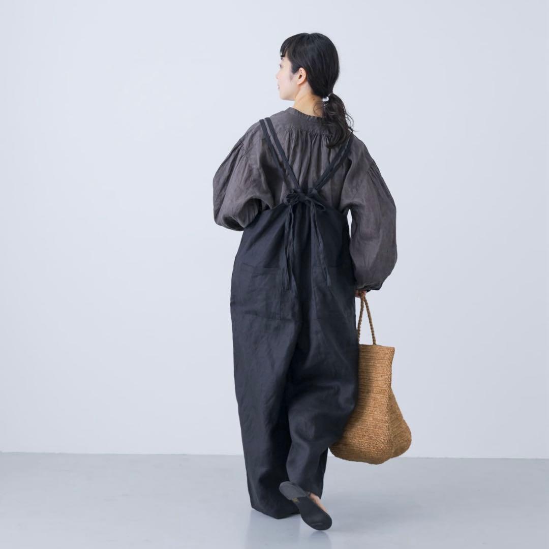 【25ss】かぐれ リネンサロペット【F】黒 後ろリボン 麻100%