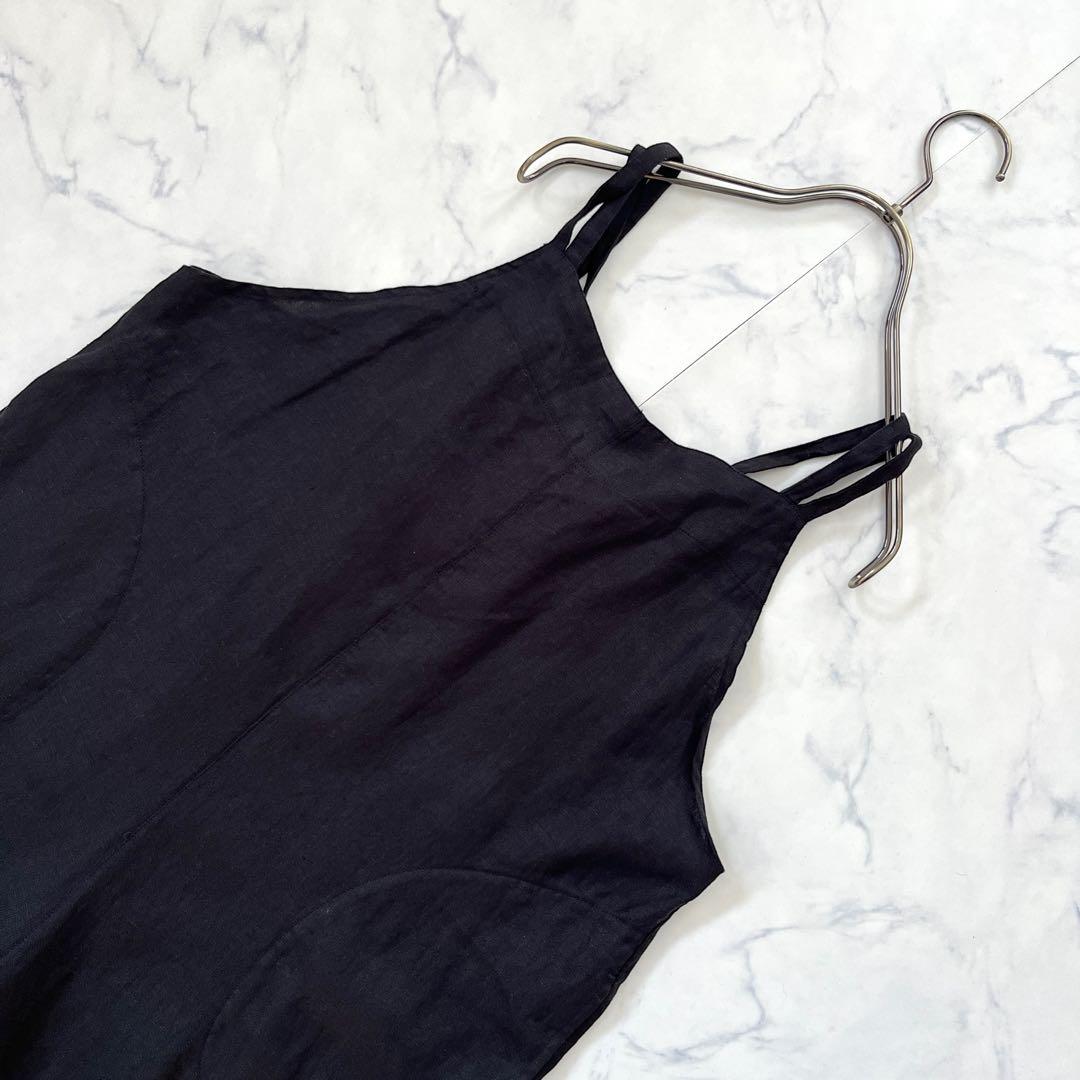 【25ss】かぐれ リネンサロペット【F】黒 後ろリボン 麻100%