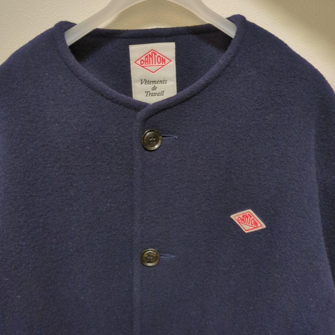 美品 DANTON ライトパイルウールモッサ ノーカラージャケット ネイビー38