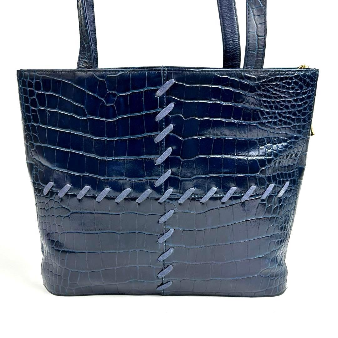 【美品】イヴサンローラン　ワンショルダー　肩掛け　ステッチ　クロコ　レザー　紺色