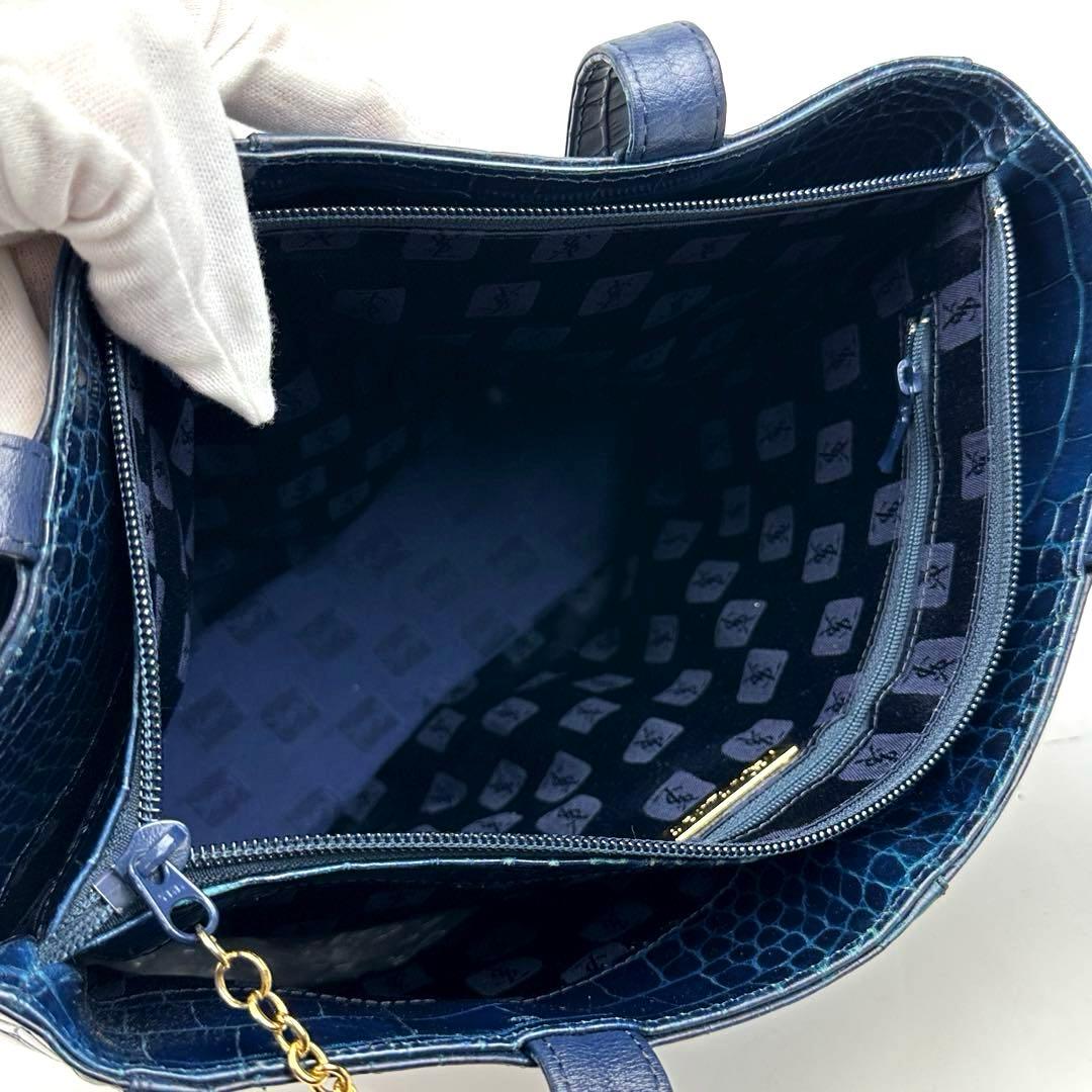 【美品】イヴサンローラン　ワンショルダー　肩掛け　ステッチ　クロコ　レザー　紺色