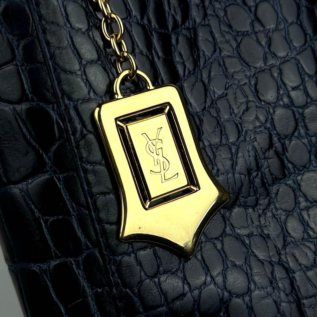 【美品】イヴサンローラン　ワンショルダー　肩掛け　ステッチ　クロコ　レザー　紺色