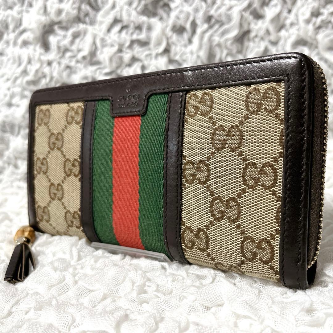 美品✨GUCCI GGキャンバス 長財布　ラウンド　シェリー　タッセル　バンブー