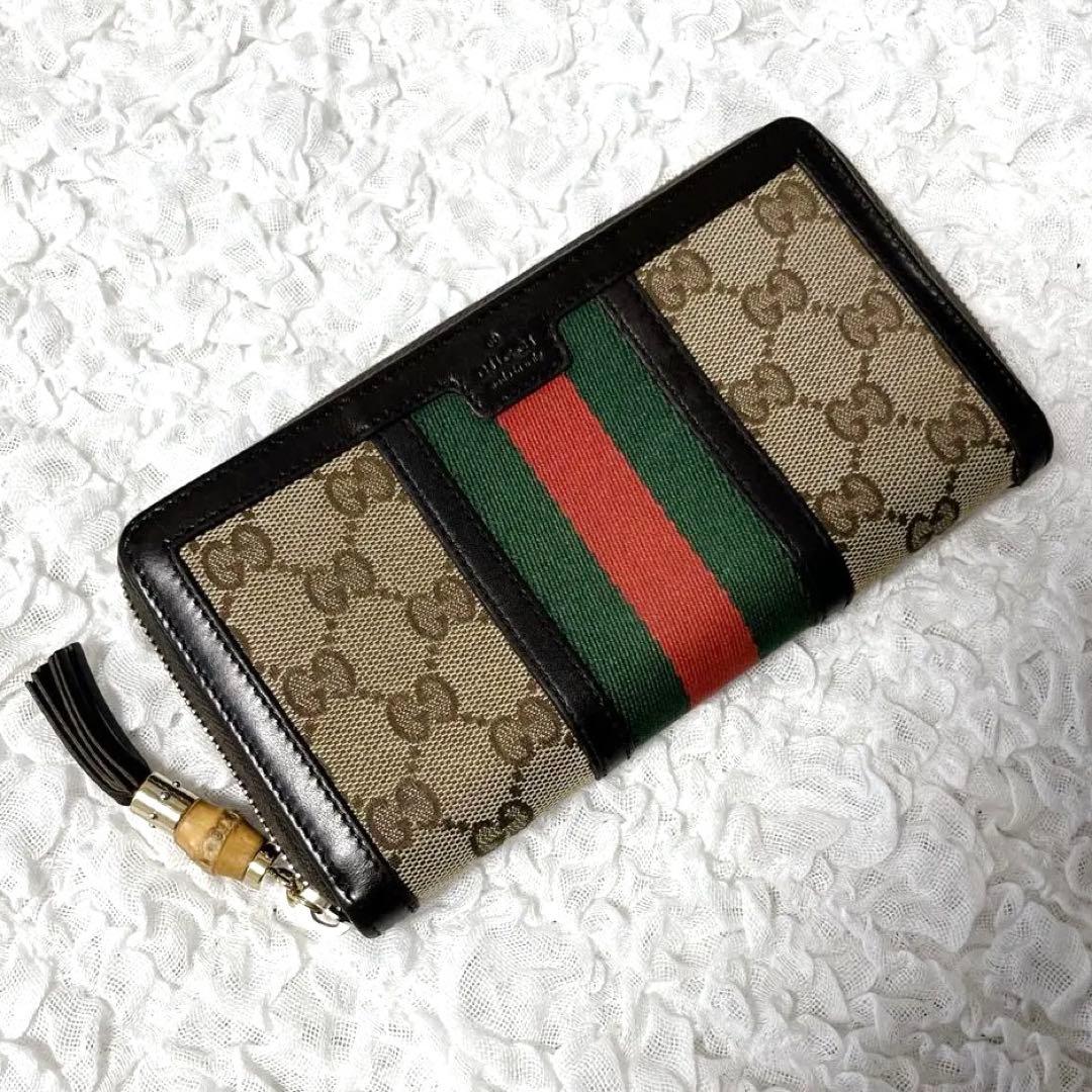美品✨GUCCI GGキャンバス 長財布　ラウンド　シェリー　タッセル　バンブー