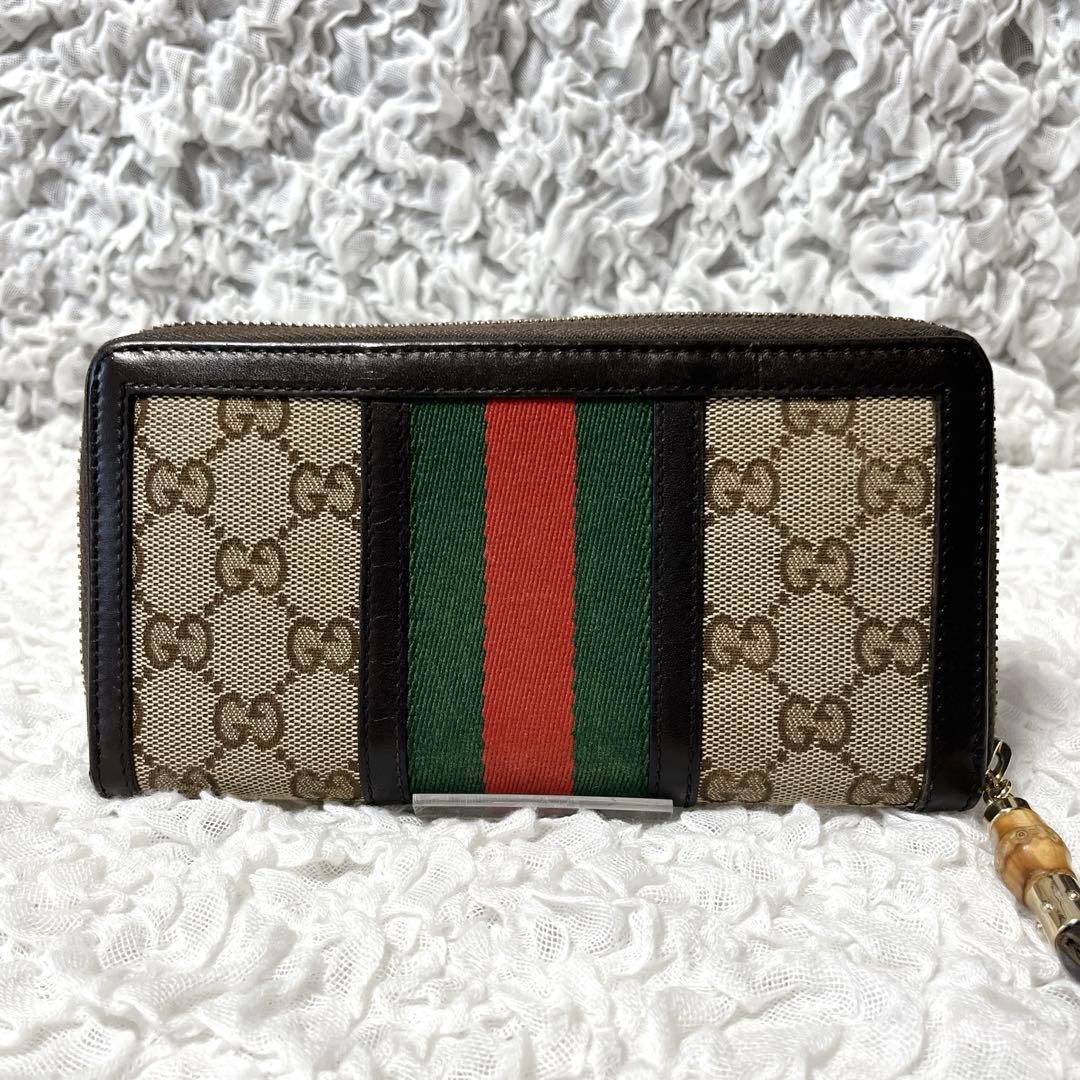 美品✨GUCCI GGキャンバス 長財布　ラウンド　シェリー　タッセル　バンブー