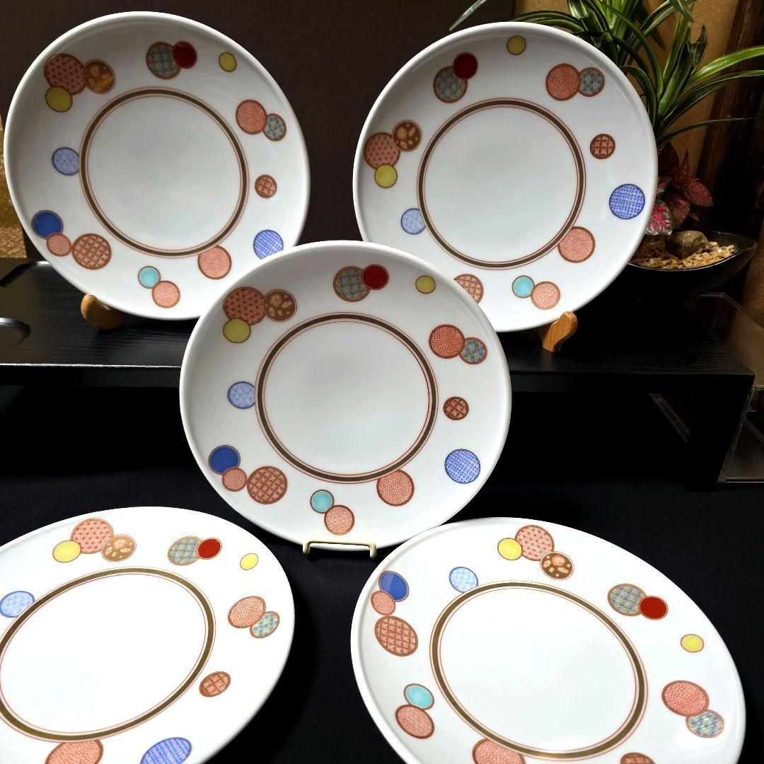 深川製磁　赤絵 丸紋　手毬　プレート　中皿　19.5cm 　5枚