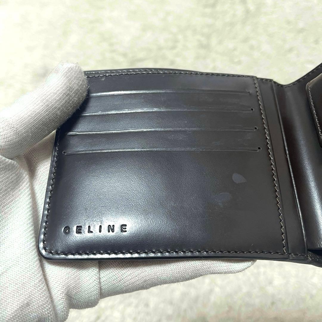 【良品】CELINE 折り財布　コンパクトウォレット　レザー　ロゴ金具　濃茶