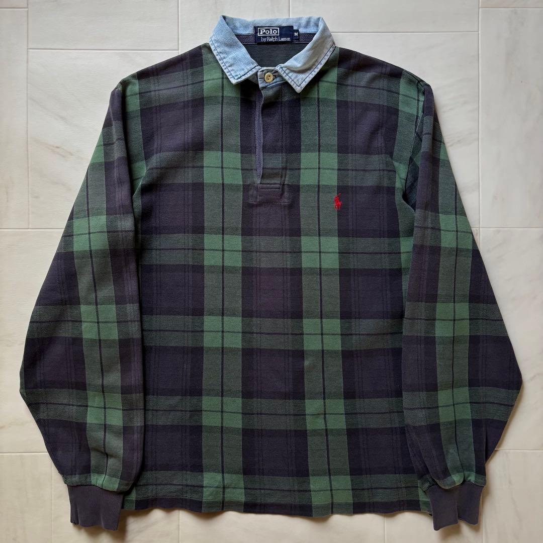 ポロバイラルフローレン ラガーシャツ 長袖 ブラックウォッチ デニム 異素材切替
