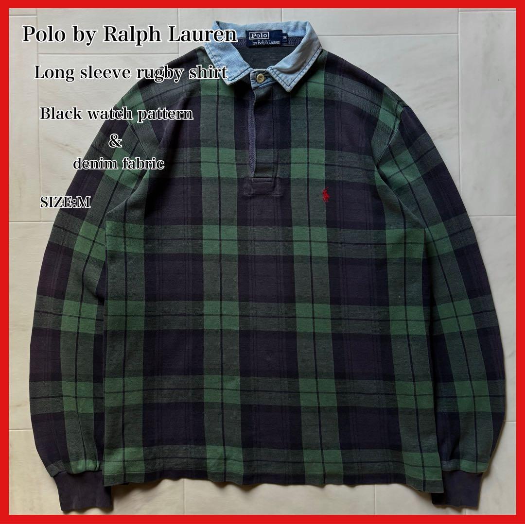 ポロバイラルフローレン ラガーシャツ 長袖 ブラックウォッチ デニム 異素材切替