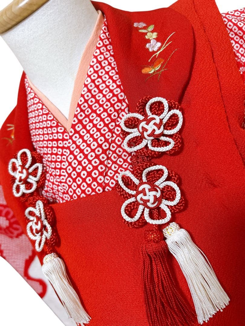 正絹鹿の子柄♡七五三　3歳　女の子　フルセット　一式　赤系　刺繍入り被布