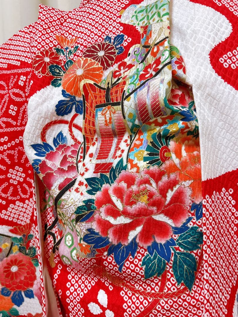 正絹鹿の子柄♡七五三　3歳　女の子　フルセット　一式　赤系　刺繍入り被布