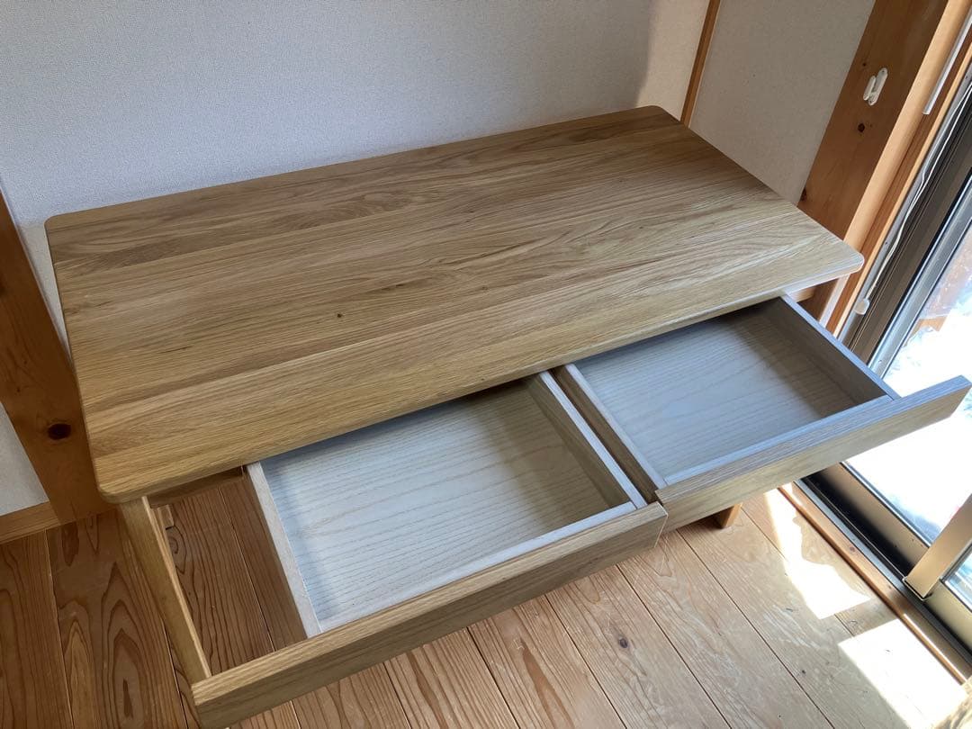 【美品】オーク無垢材デスク（引出・足元棚付）幅１１０×奥行５５×高さ７０ｃｍ