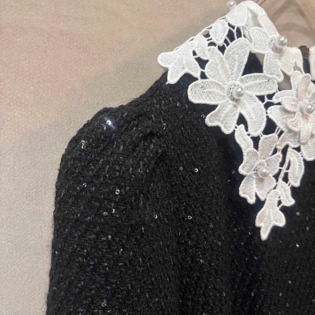 Leja レジャ 花柄レースカラースパンコールAラインワンピース ブラック S