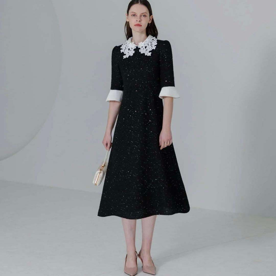 Leja レジャ 花柄レースカラースパンコールAラインワンピース ブラック S