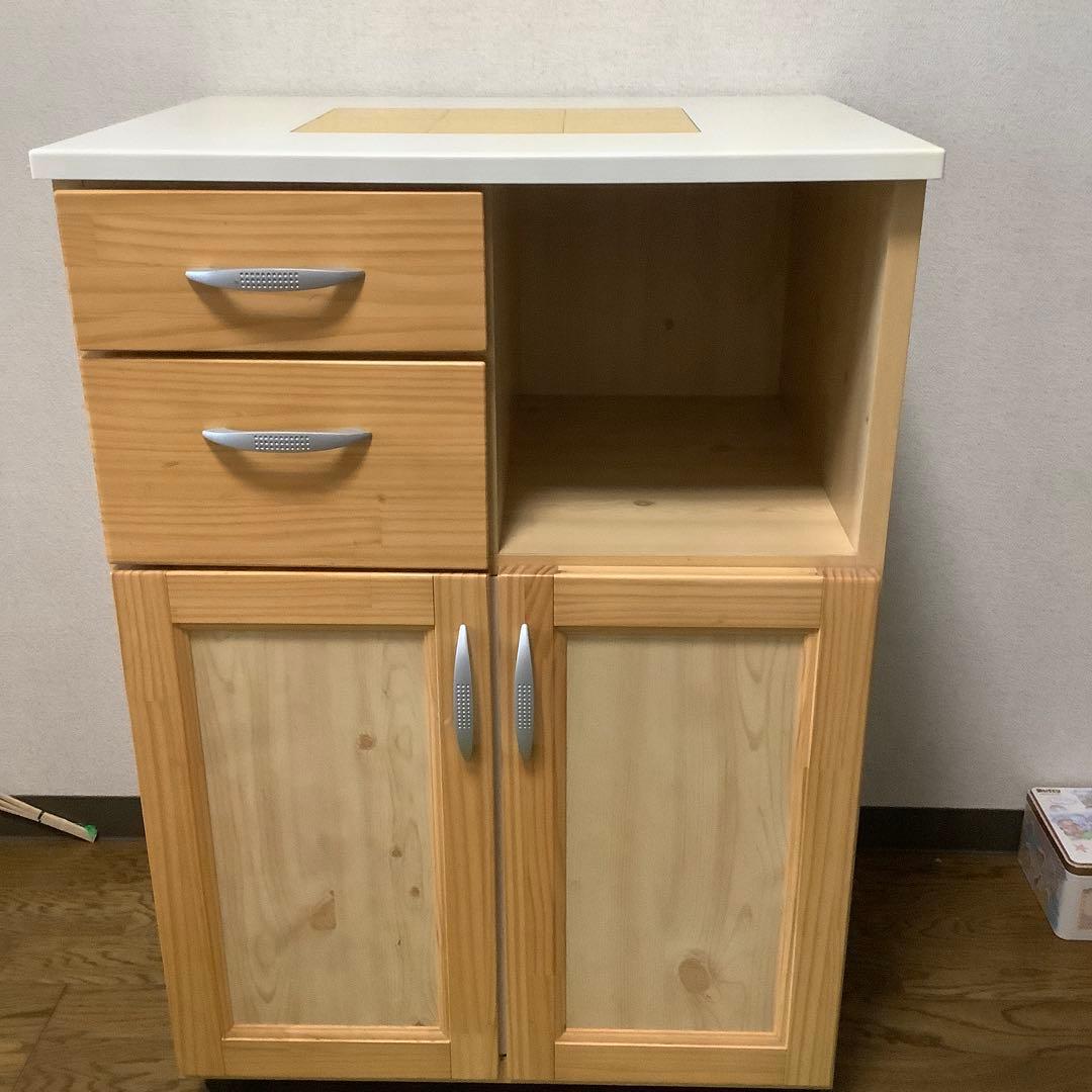 キム 日本製　のだ工芸　無垢パイン材使用　キッチンワゴン　黄色いタイル