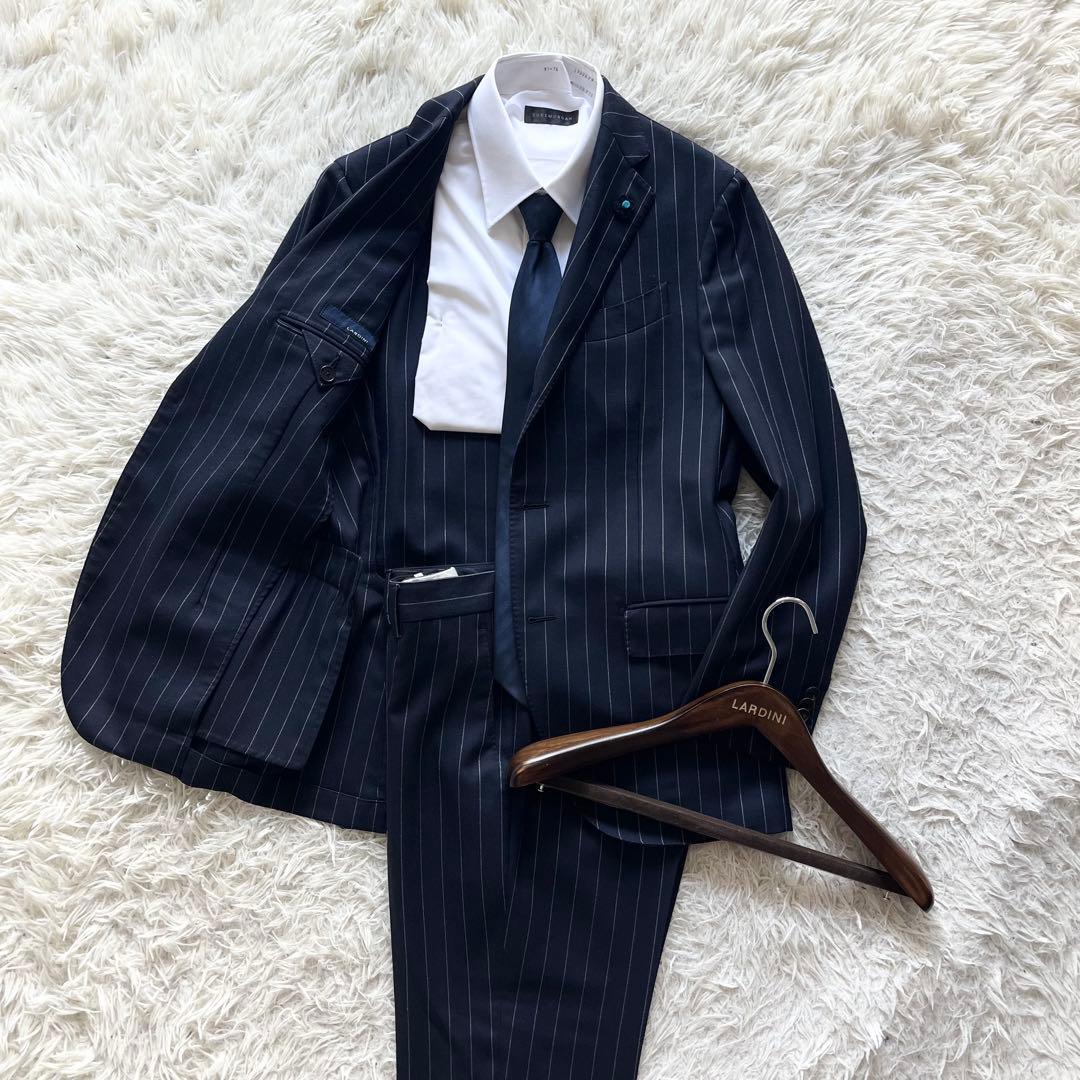 <美品>LARDINI ネイビー ウール スーツ ブートニエール サイズ44