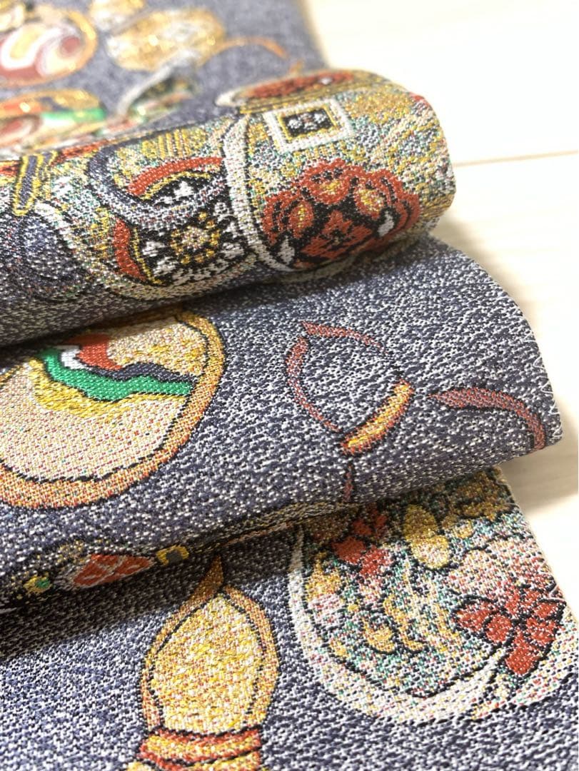 つけ帯　西陣織　袋帯　正絹　中古　グレー　瓢箪　二重太鼓　美品　tj073