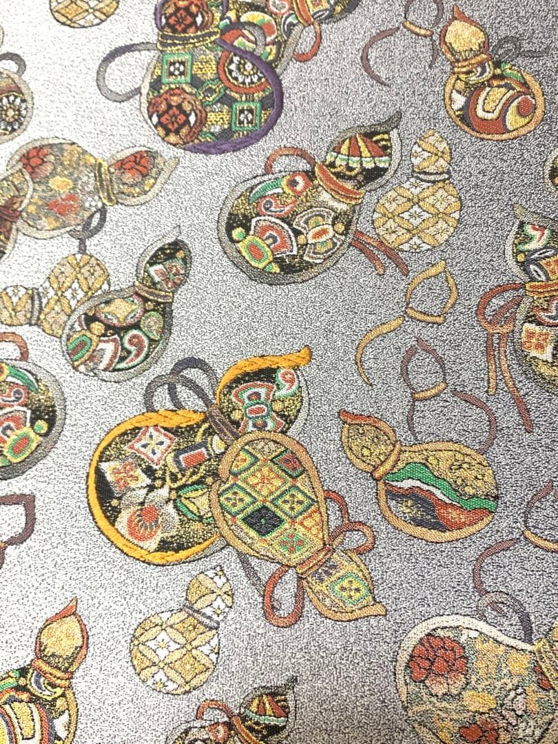 つけ帯　西陣織　袋帯　正絹　中古　グレー　瓢箪　二重太鼓　美品　tj073