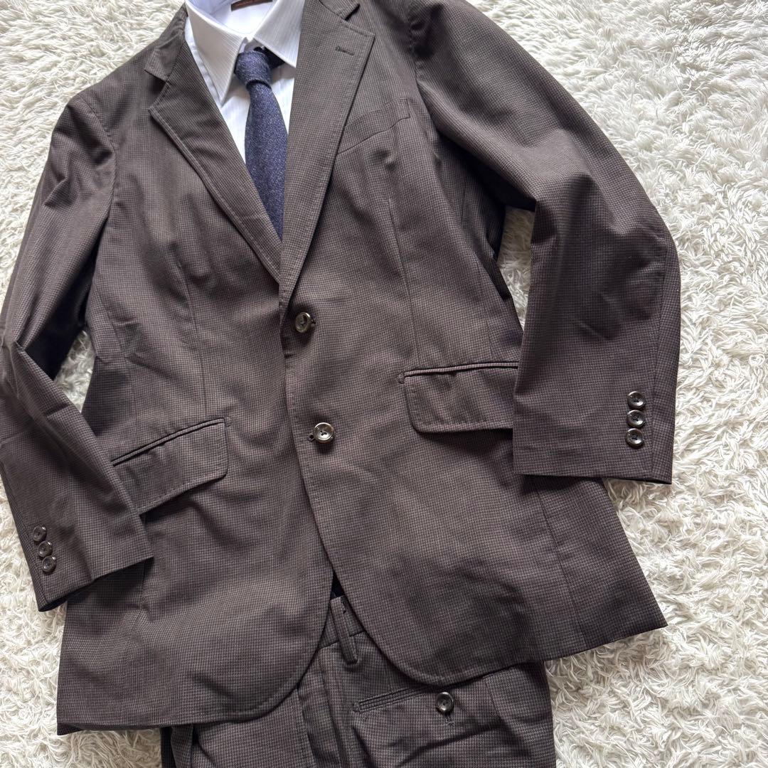 極美品　タケオキクチ　ビジネス　スーツ　セットアップ　千鳥　ブラウン　総柄　L