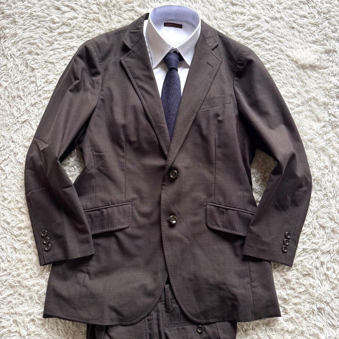 極美品　タケオキクチ　ビジネス　スーツ　セットアップ　千鳥　ブラウン　総柄　L
