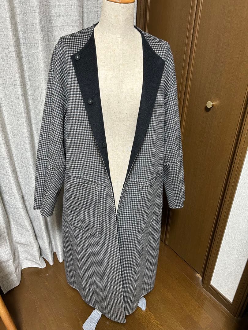 ベイクルーズ　リバーシブルロングコート 黒 チェック柄