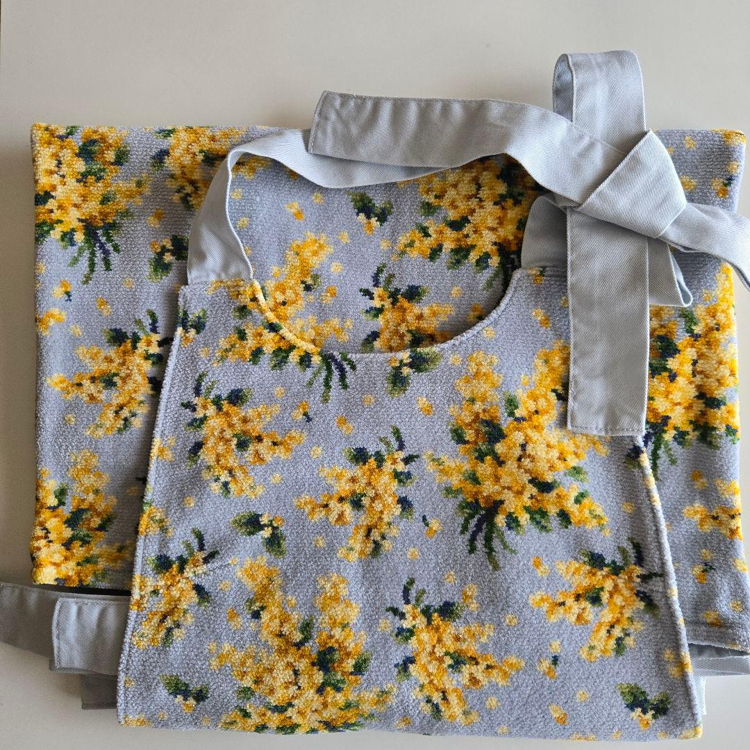 希少　FEILER ミモザ花柄エプロン シルバーグレー