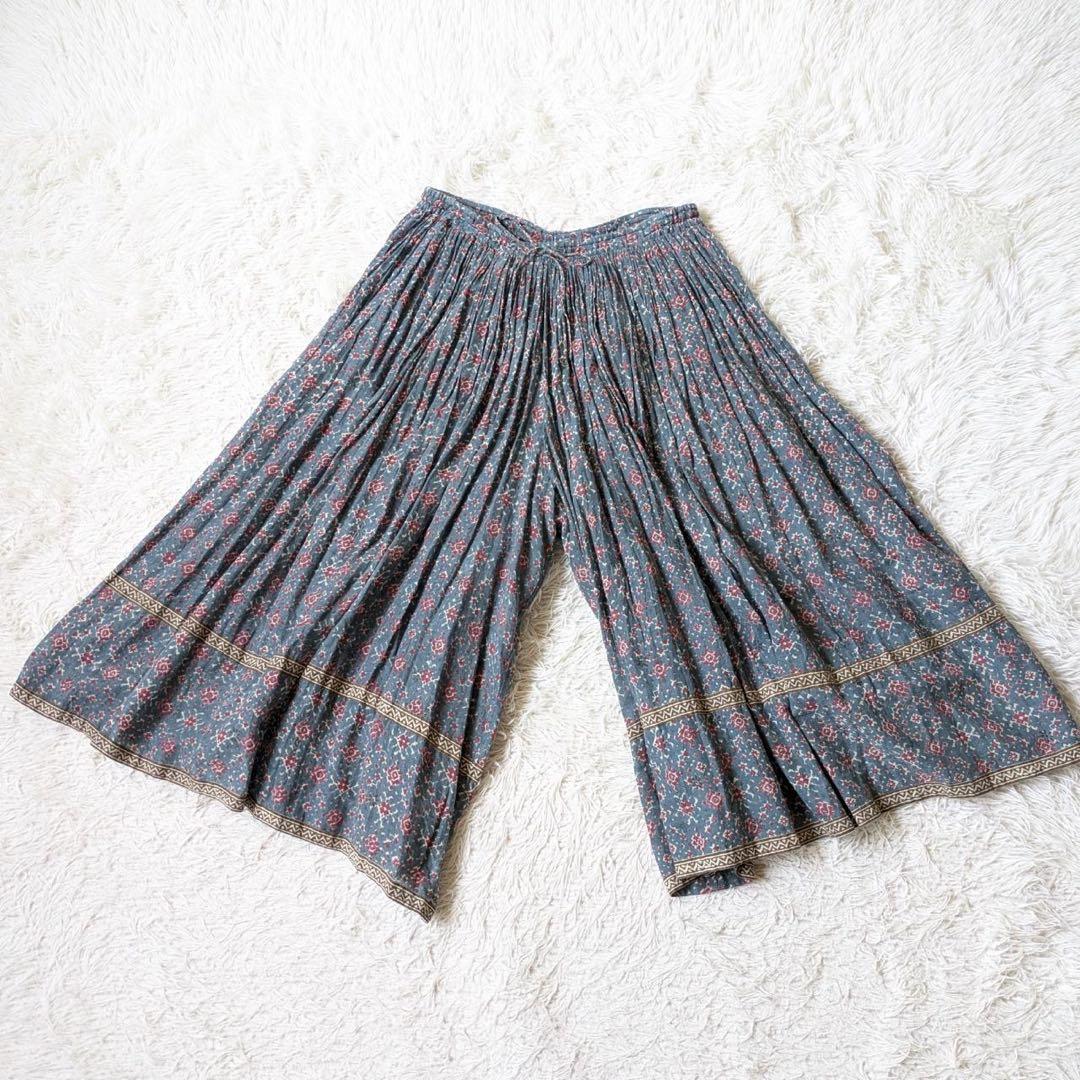 メゾンドソイル　コットンボイルプリントギャザーキュロットパンツ　インド製　F