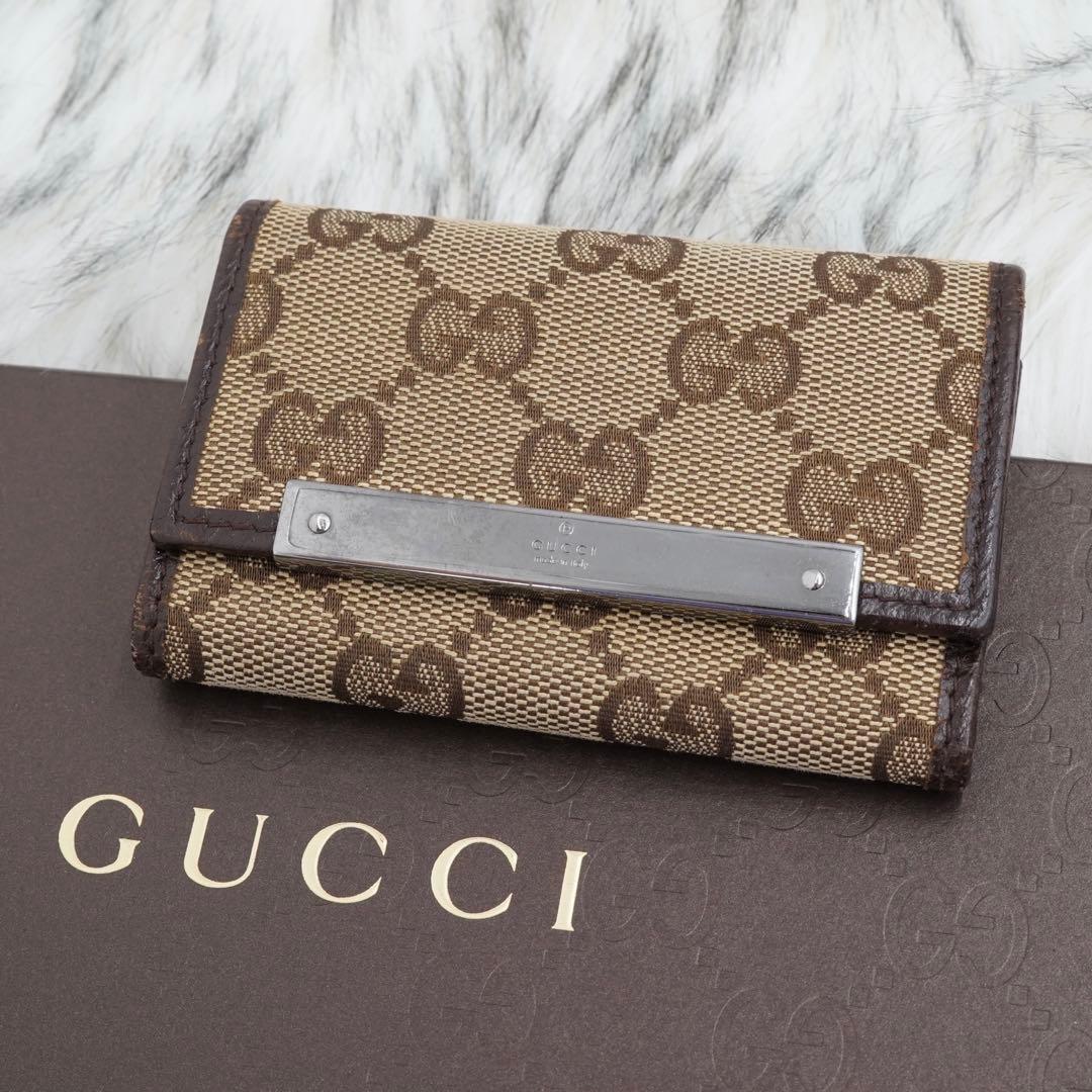 極美品　GUCCI グッチ　キーケース　レザー×キャンバス　GG柄　ブラウン