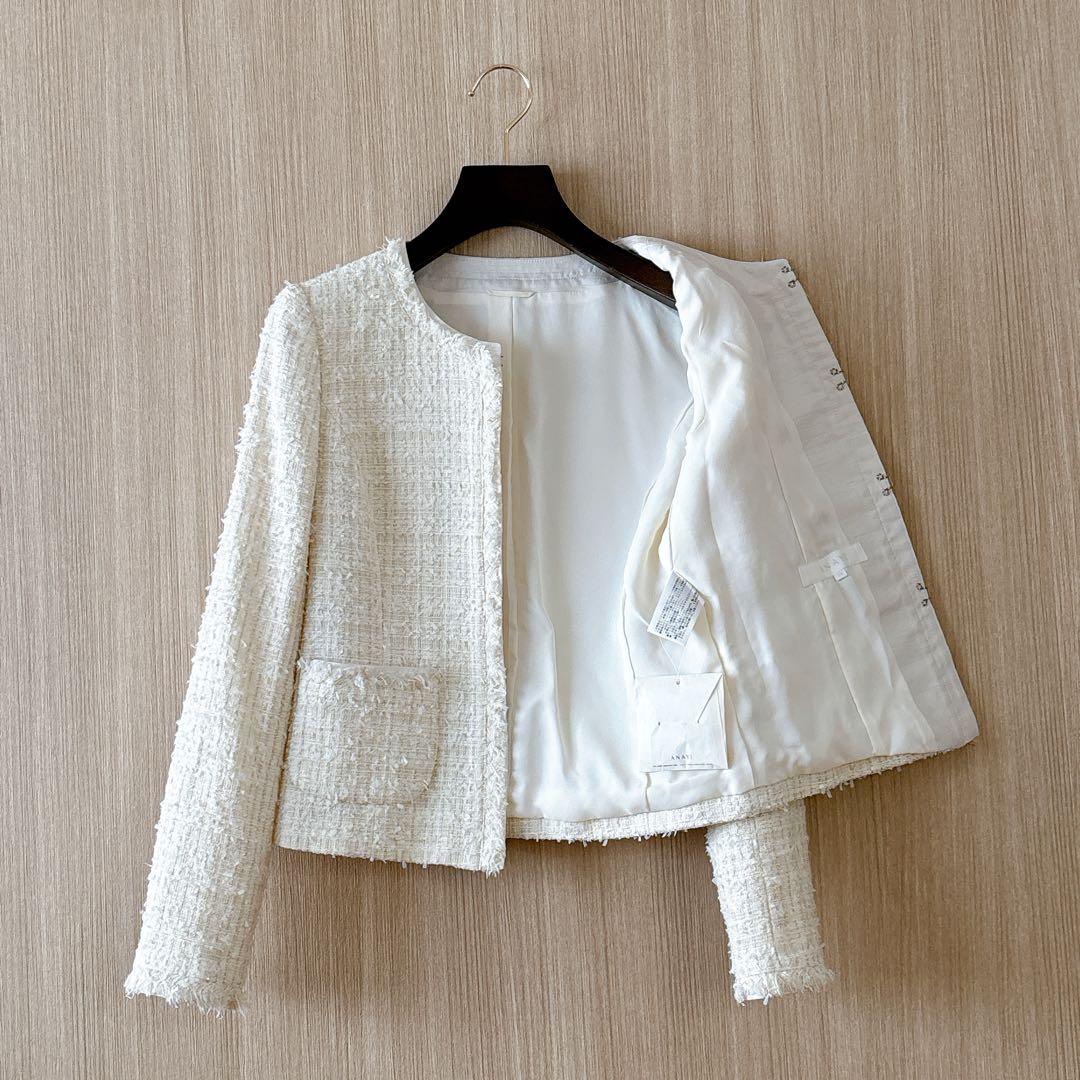 【1162】アナイ　ファンシーツイードクルージャケット　白　アイボリー　36