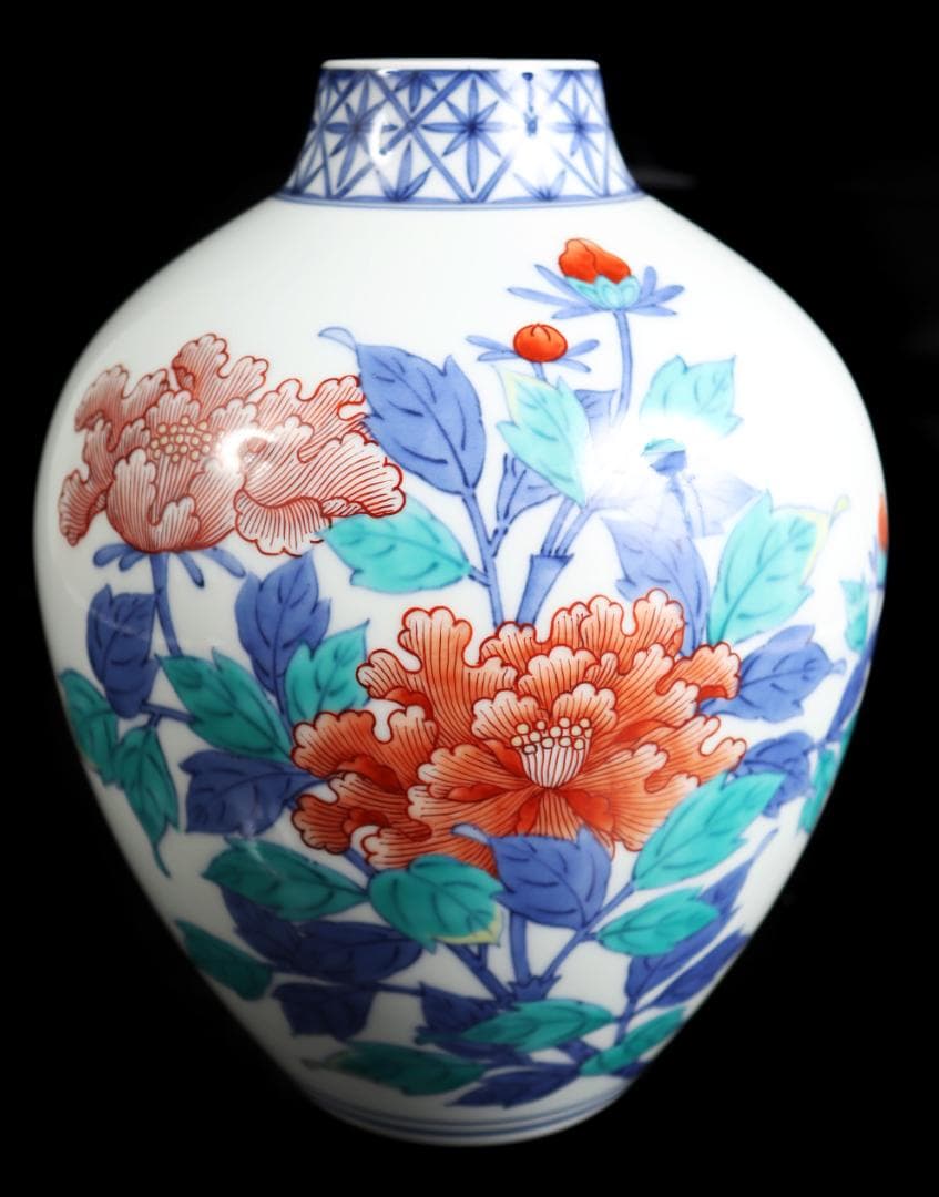 今泉今右衛門 色鍋島牡丹絵花瓶 共箱 花入